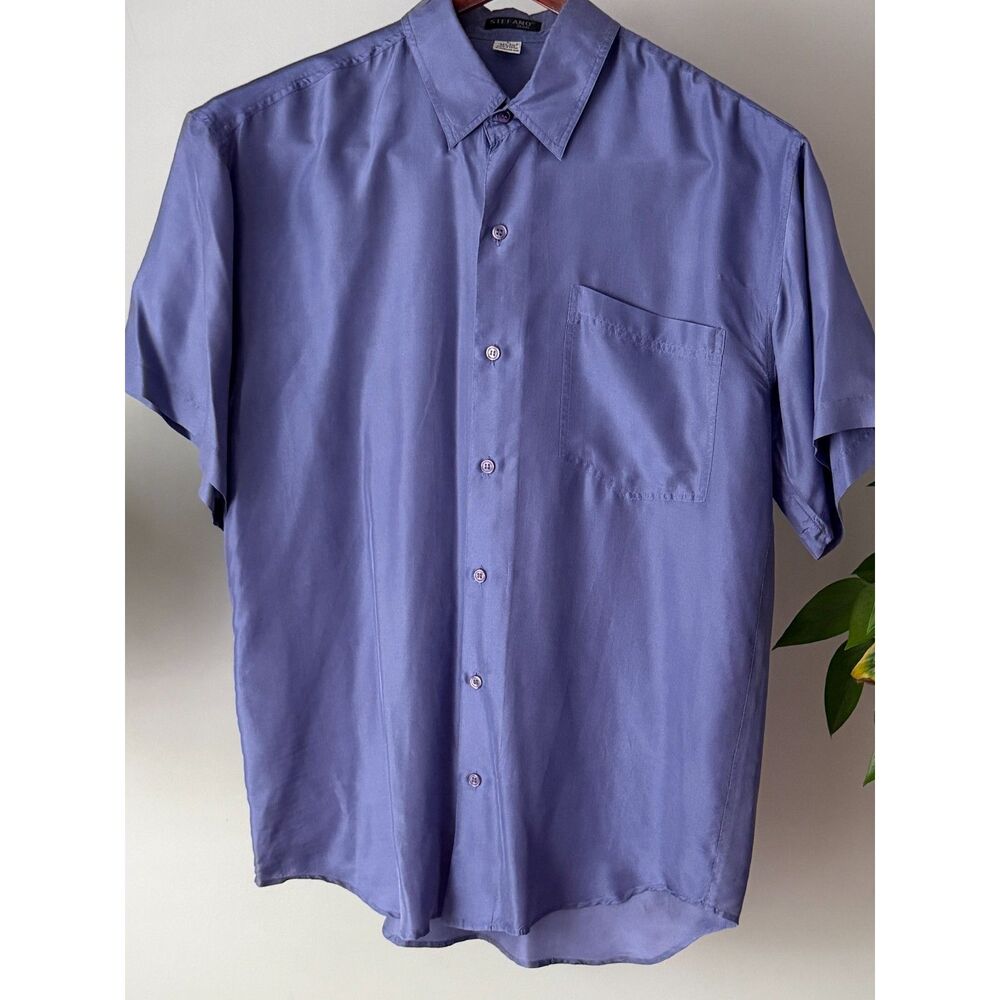 Vintage Stefano Man 100% Silk Purple Short Sleeve Button Up Shirt Men's Size L